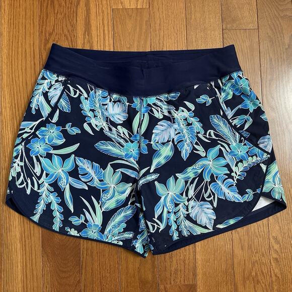 Lands End Women's Floral Quick Dry Board Swim Shorts Size 12 Navy Blue - Picture 1 of 4